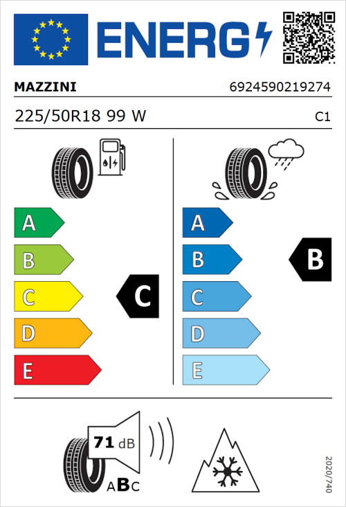 Tyre Label for Mazzini Versat-AS8 225/50R18 99W