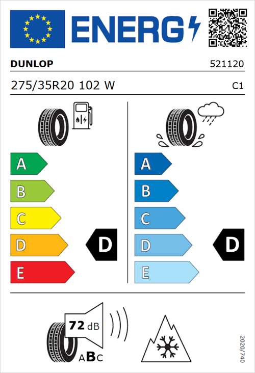 Tyre Label for Dunlop SP Winter Sport 3D 275/35R20 102W