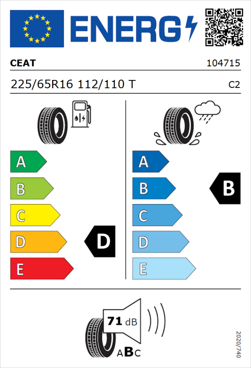 Tyre Label for CEAT EnduraDrive 225/65R16 112/110T