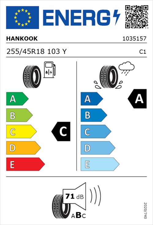 Tyre Label for Hankook Ventus Evo (K137) 255/45R18 103Y