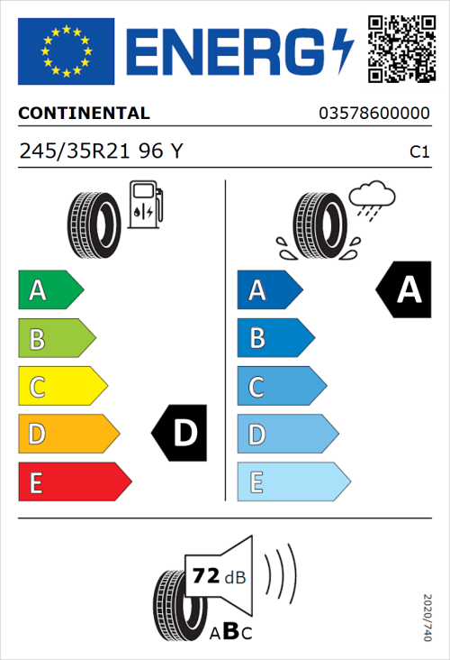 Tyre Label for Continental ContiSportContact 5 P Silent 245/35R21 96Y